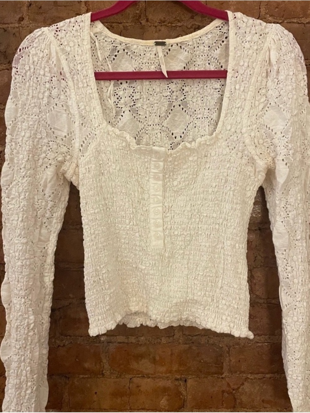 Off White/Cream Lace Crochet Long-Sleeve Women's Top